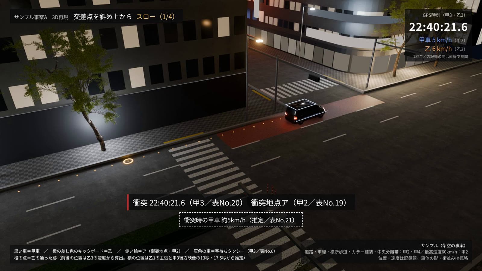 3D再現のサンプル。衝突の瞬間を交差点の斜め上から見た画面