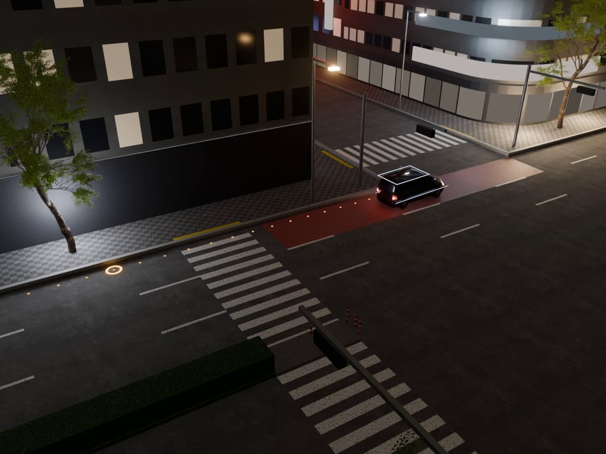 サンプル事案A（架空）の3D再現。交差点を斜め上から見た画面。左折する甲車と赤いカラー舗装